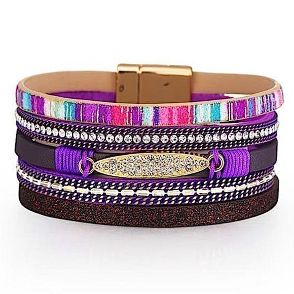 Boho Chic Multi-Layer Purple Bracelet Crystal Rhinestone Magnetic Clasp Wrap - Picture 1 of 5